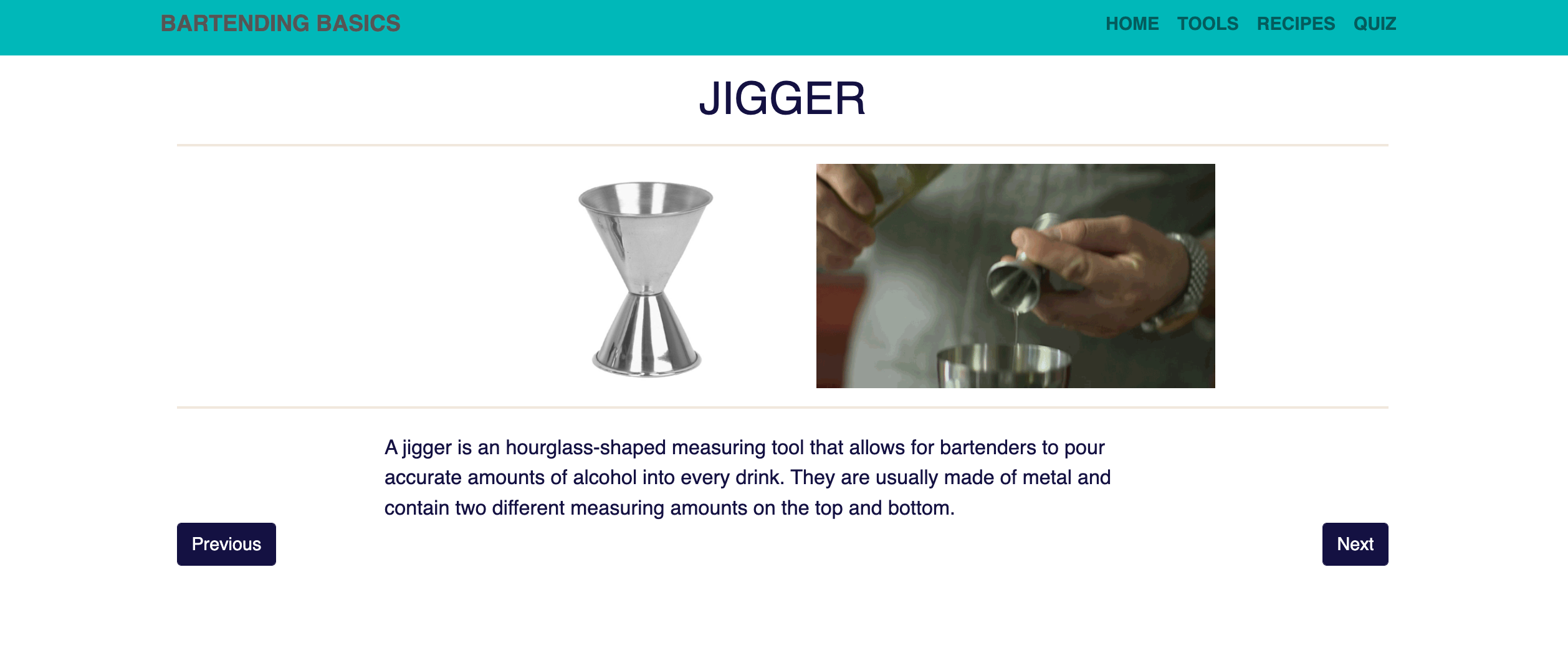 Tools learning page, a picture of a jigger, which is an hourglass shaped measuring tool.