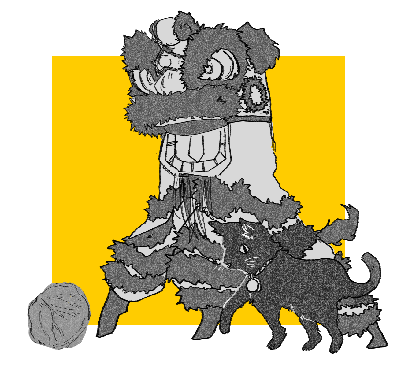 A lion from lion dance, and cat in black and white approaching a cabbage.