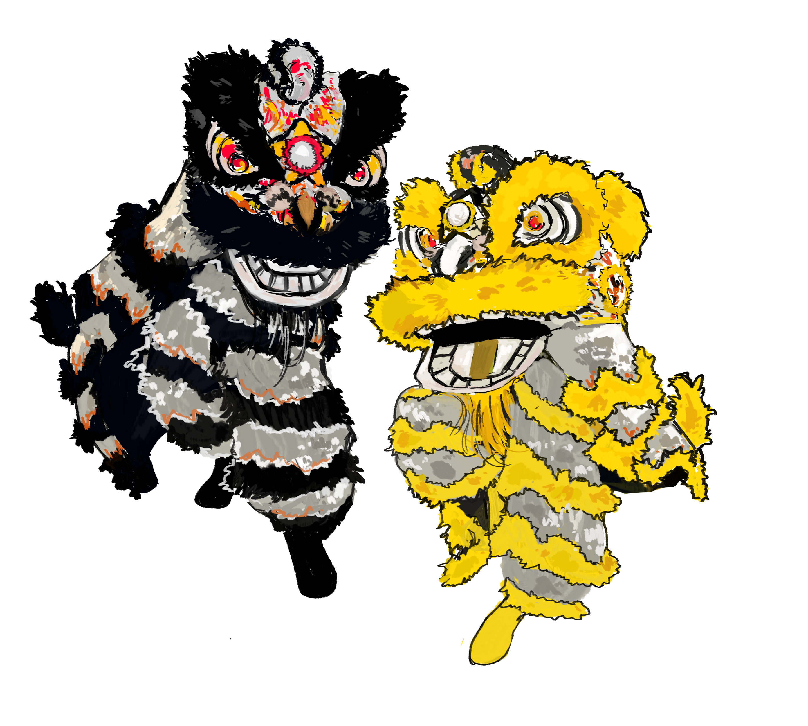 A black lion and a yellow lion from lion dance.