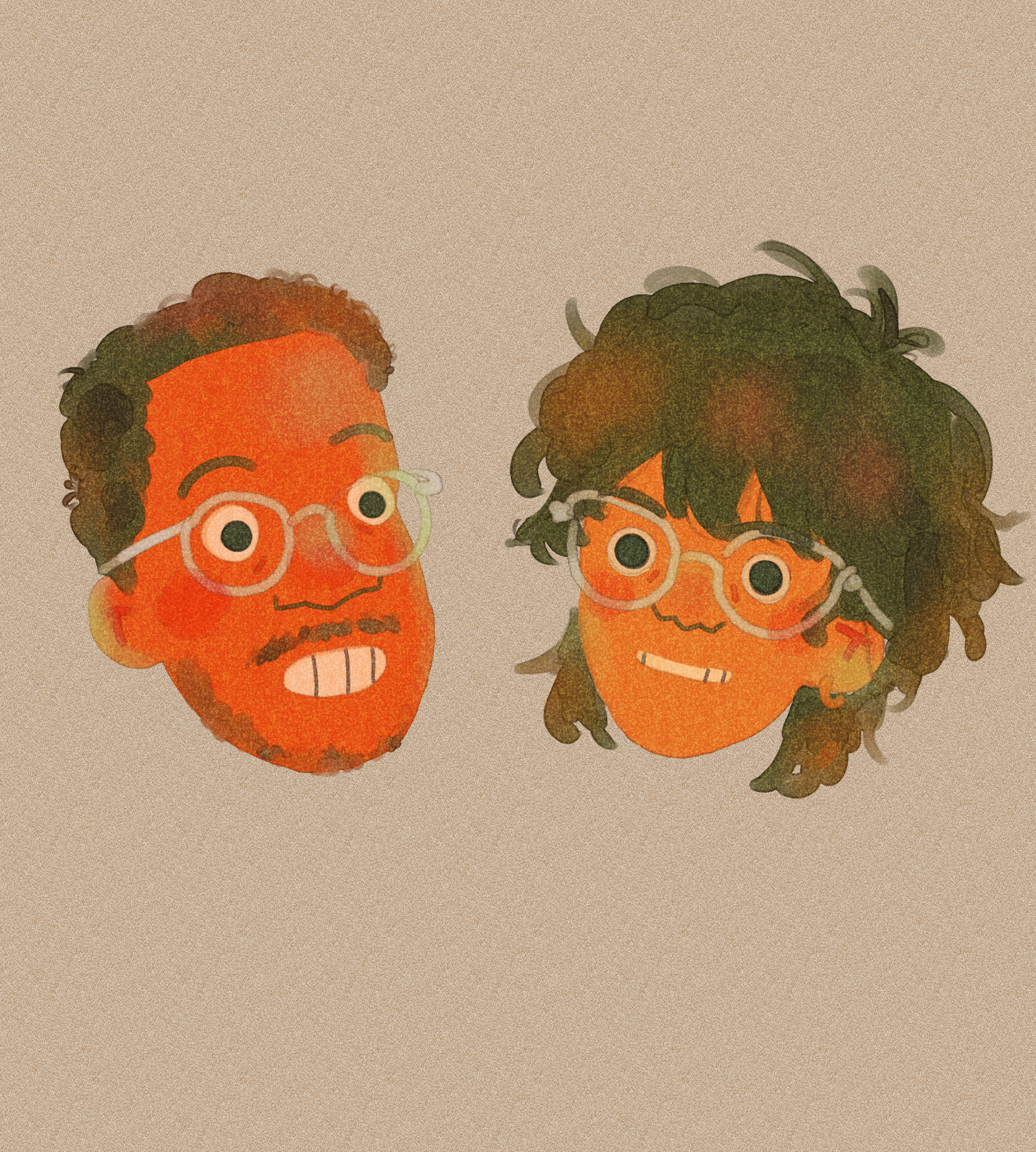 Two people's heads. The person on the left has short hair, glasses, a beard, and a mustache.
            The person on the right has messy, shaggy hair, and glasses. Both are smiling and oranged tinted. 