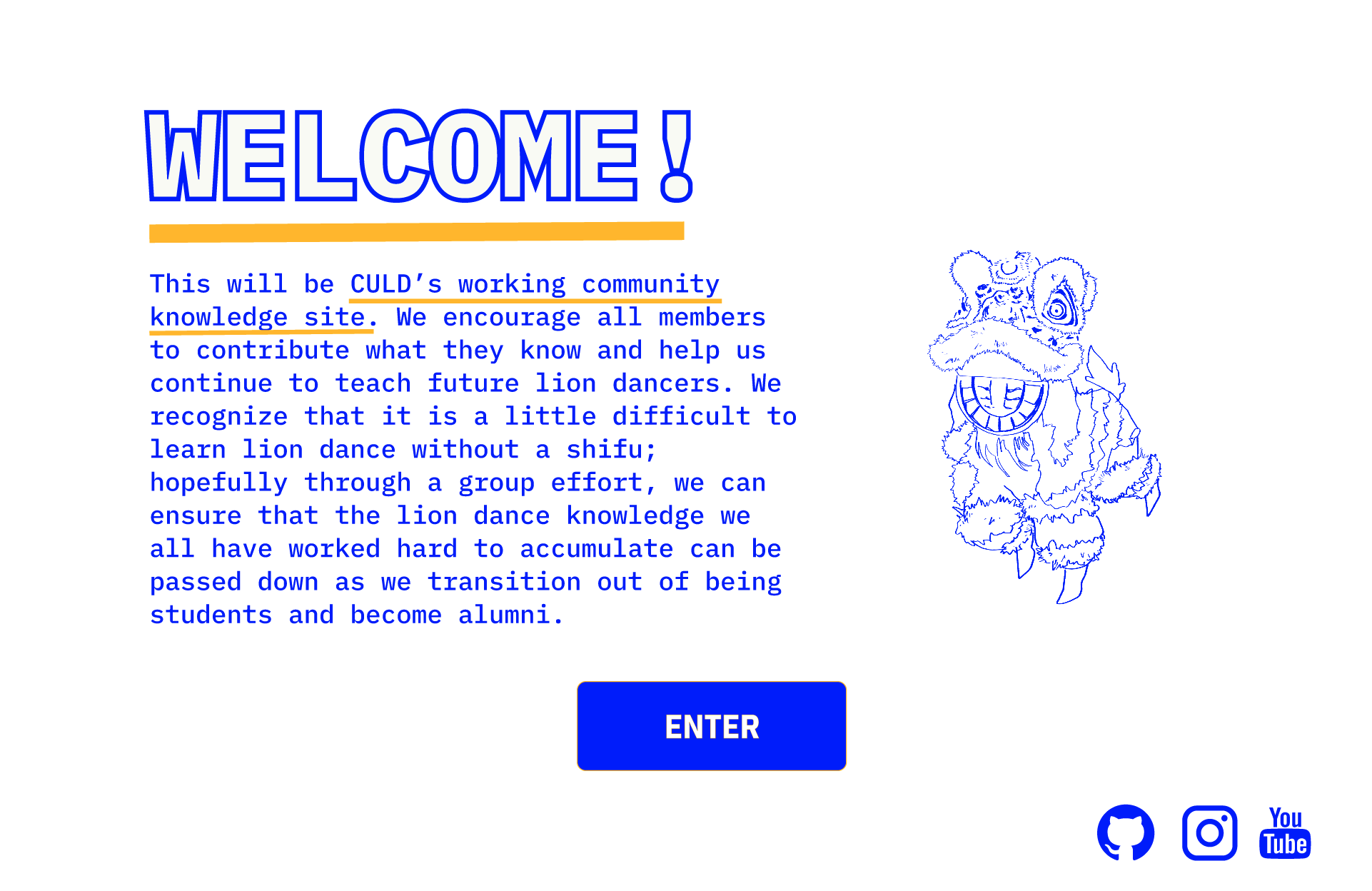 Welcome page encouraging members to share and archive the lion dance troupe's knowledge.