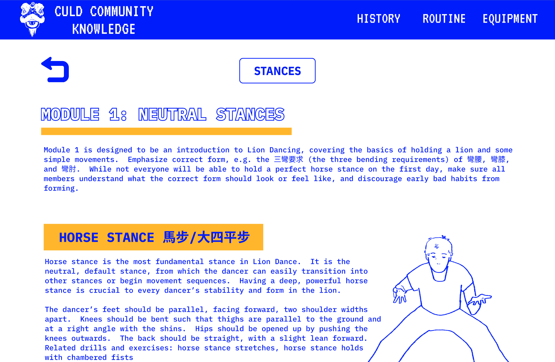 Stances page guiding viewers how one can maintain a proper horse stance.