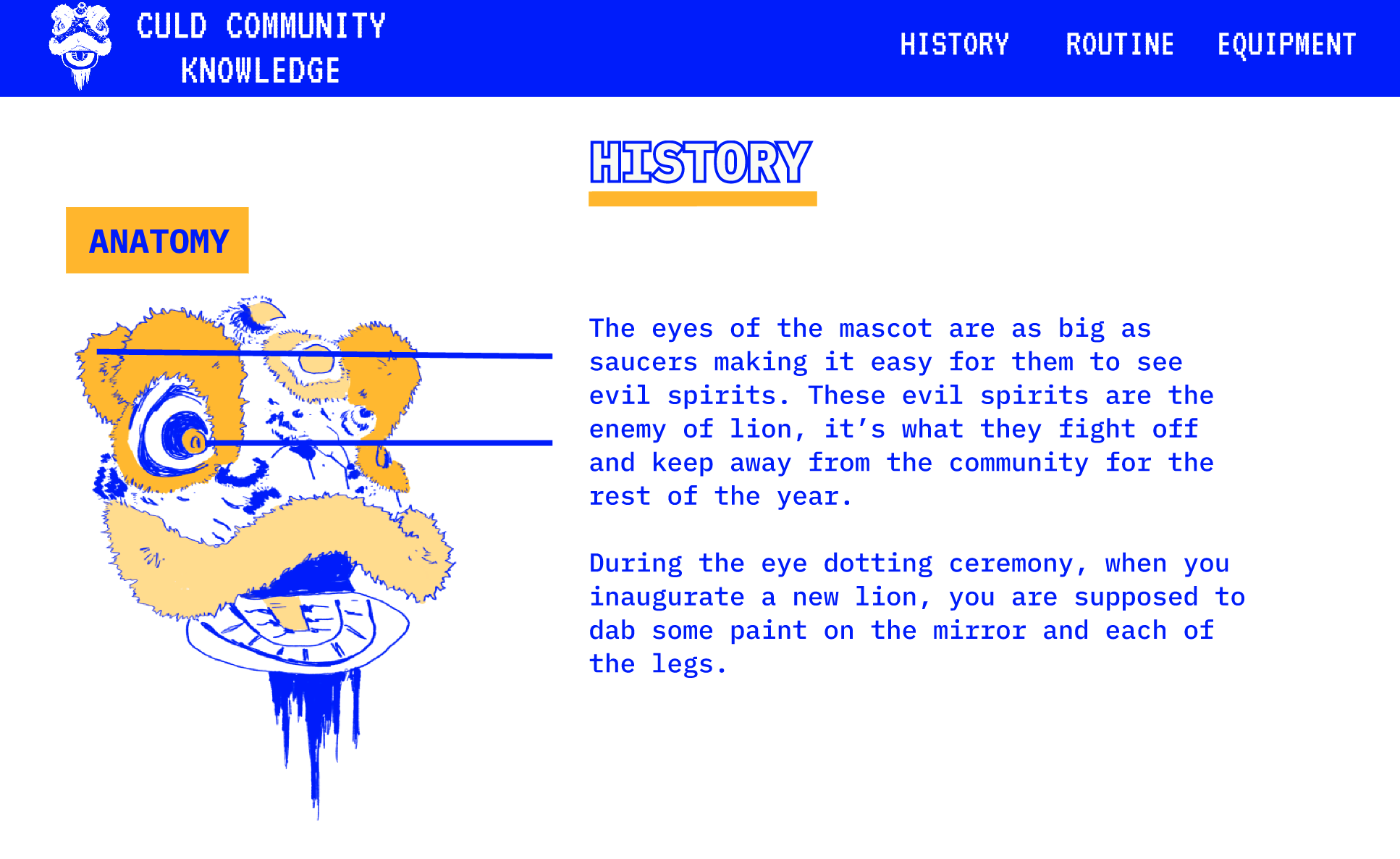 History page guiding users a better understanding of lion dance meaning and intentions.