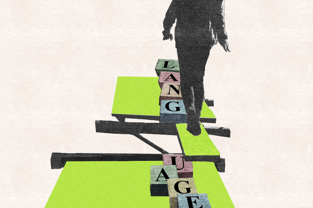 A person is walking on an unsteady bridge with letter blocks that spell out language.