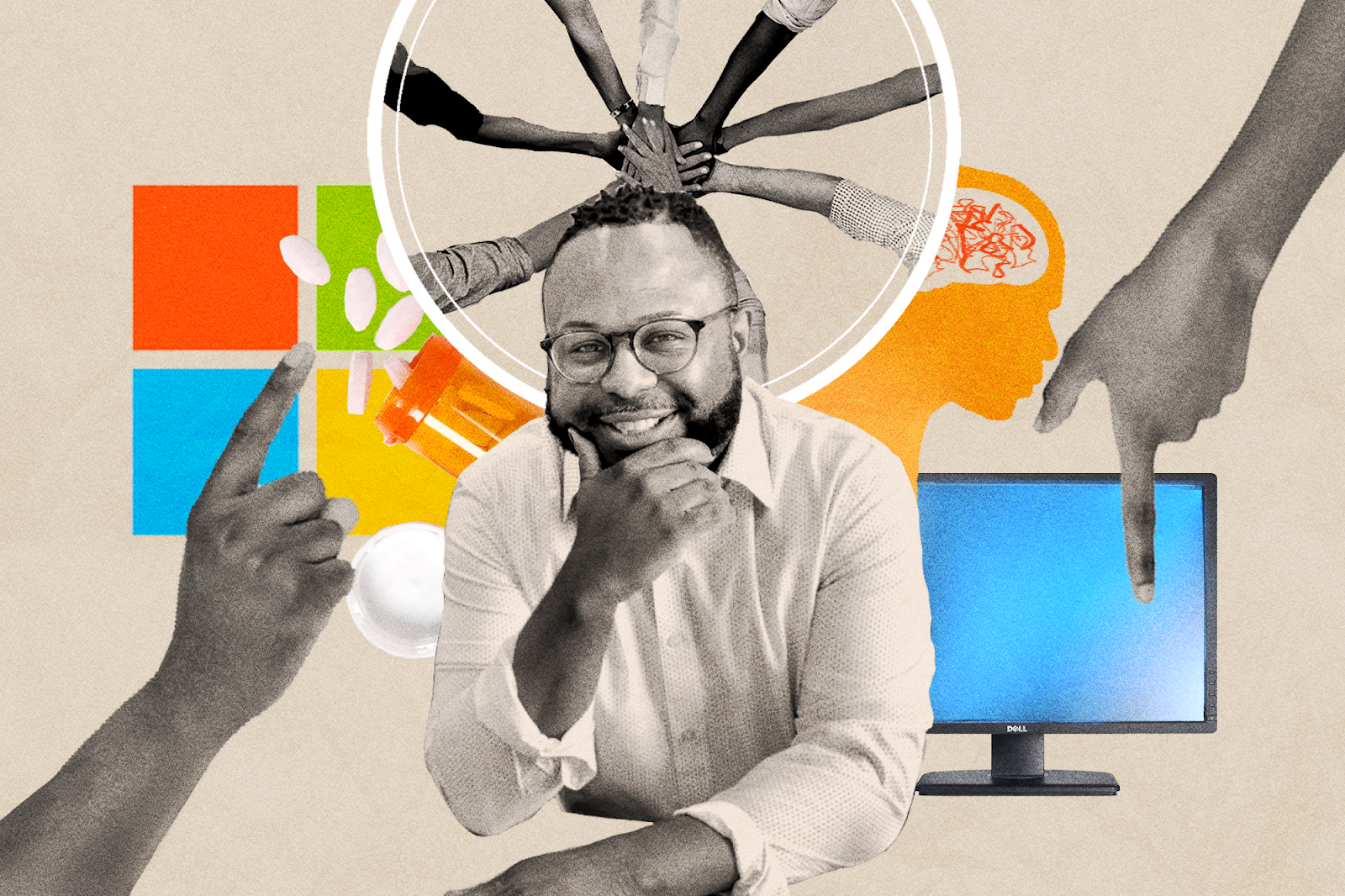 A researcher in the middle with the Microsoft logo, hands, medication, and the brain behind him.